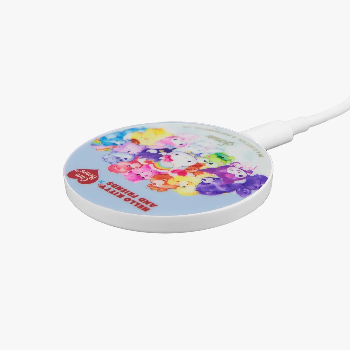 Colorful Sonix wireless charger featuring Care Bears and Hello Kitty characters on a desk