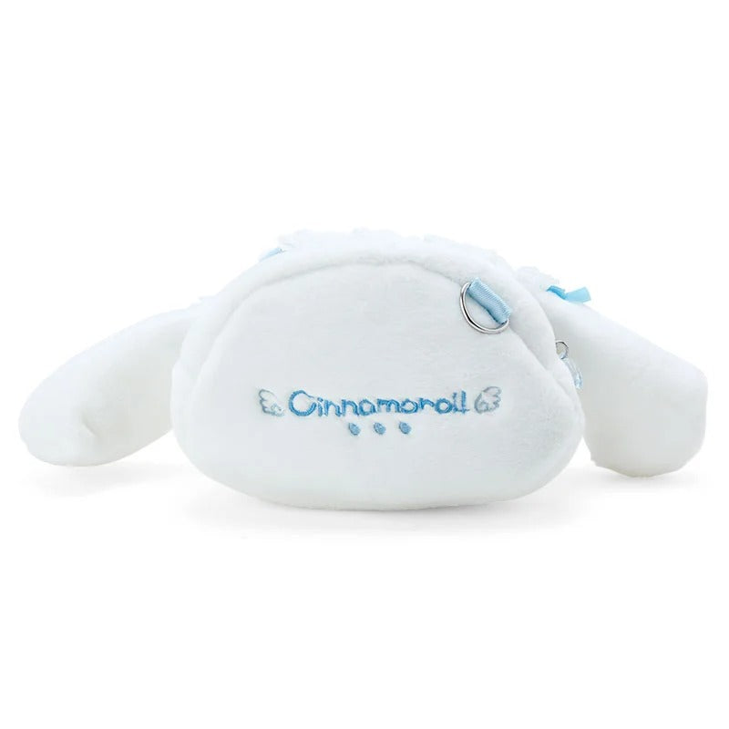 Sky blue plush crossbody bag with embroidered character design, adjustable strap, and heart zipper charm