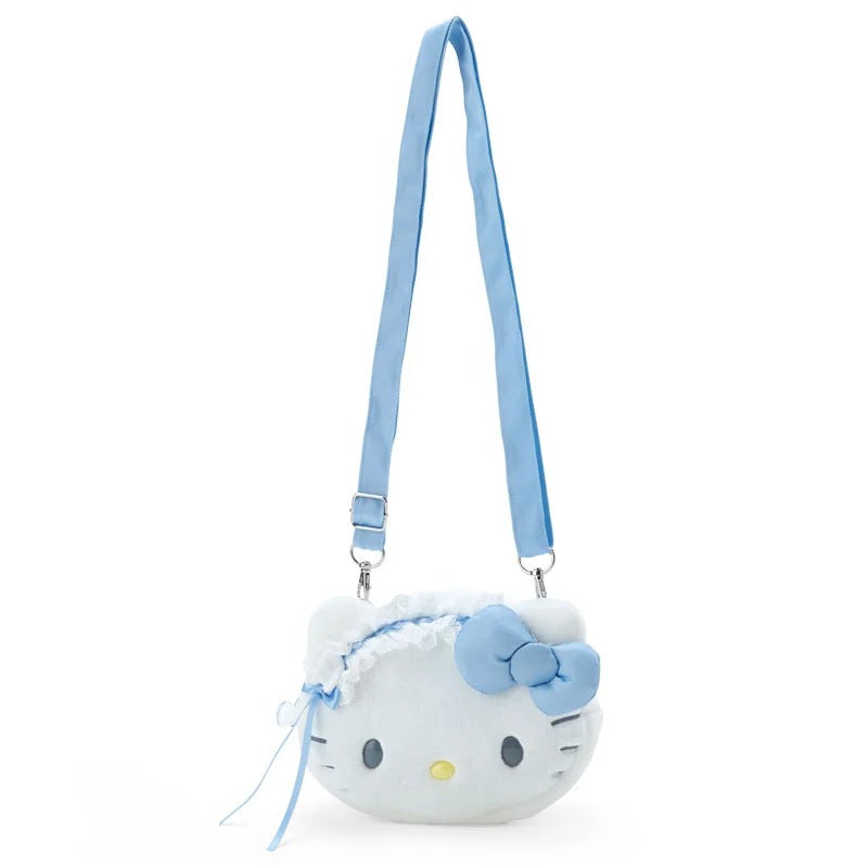 Front view of crossbody plush bag with Hello Kitty's winged outfit, perfect for casual outings.
