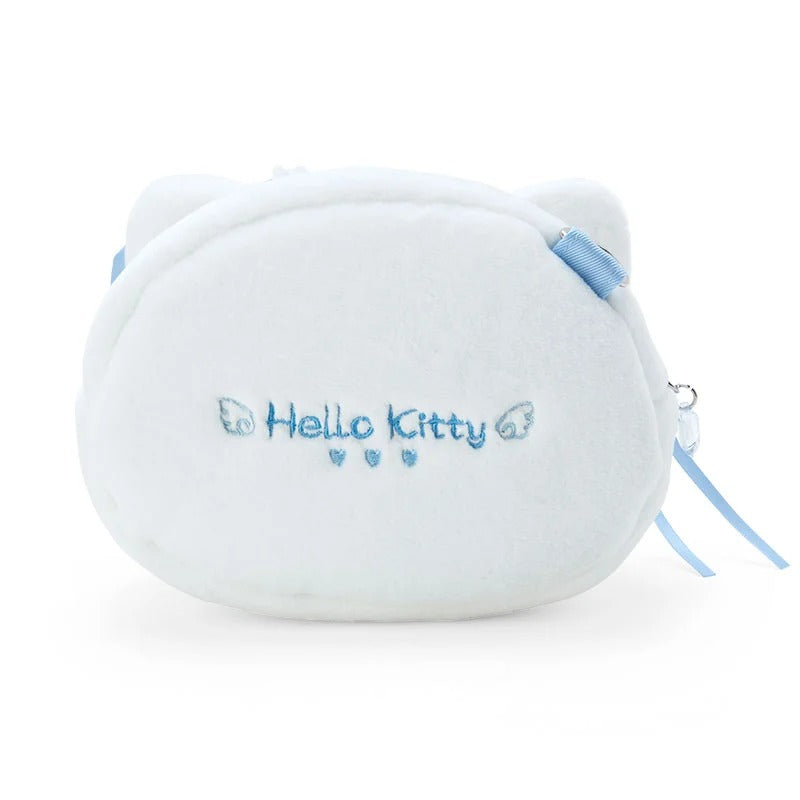 Front view of the Hello Kitty plush crossbody bag with embroidered details.
