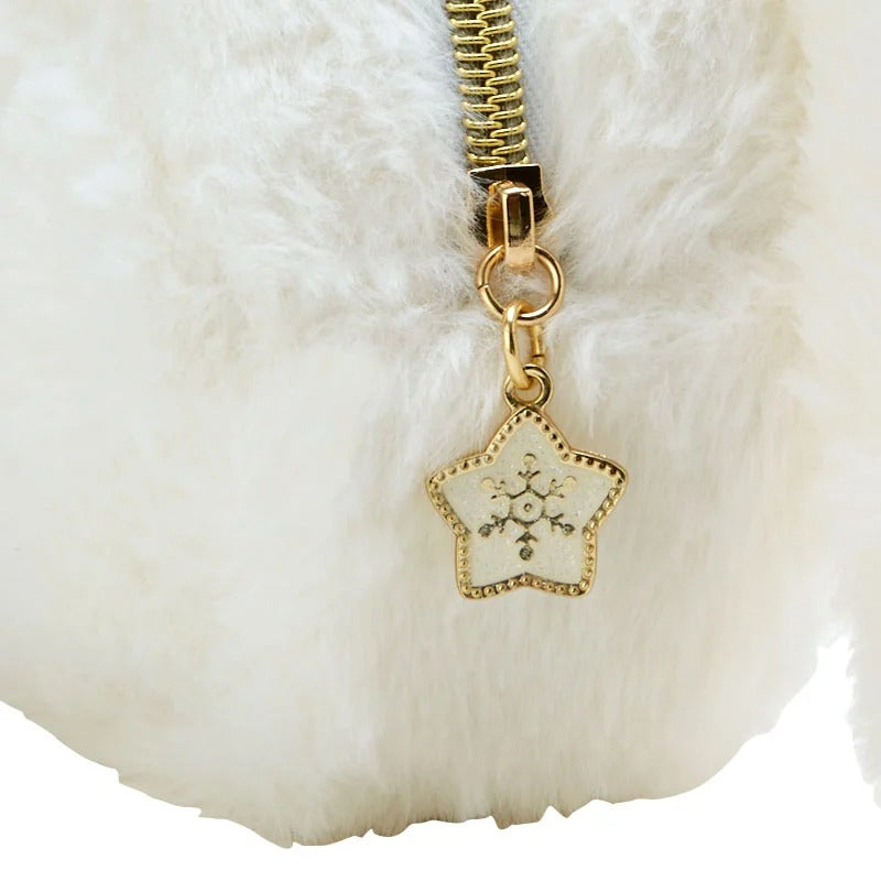 Cinnamoroll Winter Star Plush Pouch closed, with ribbon character accents and star-printed tulle