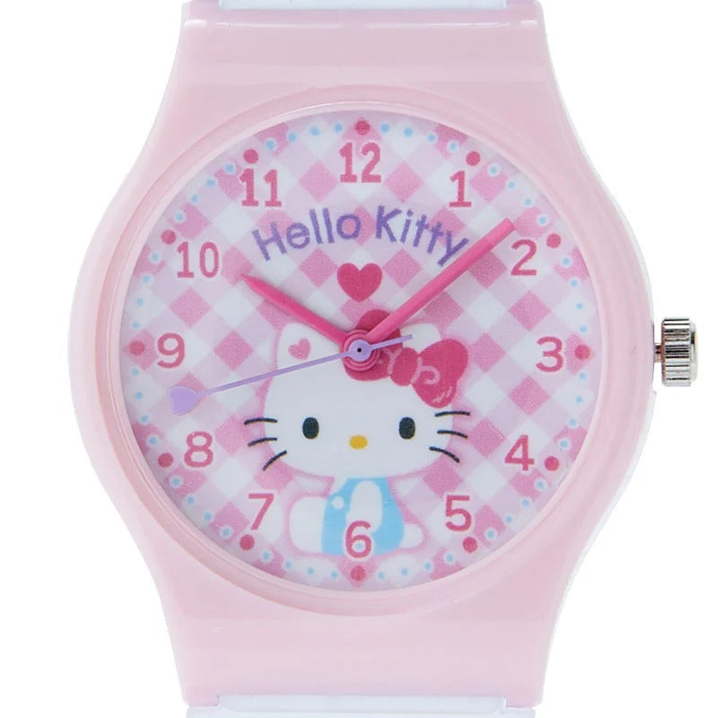 Hello Kitty watch displayed on a pink background, highlighting the jelly strap