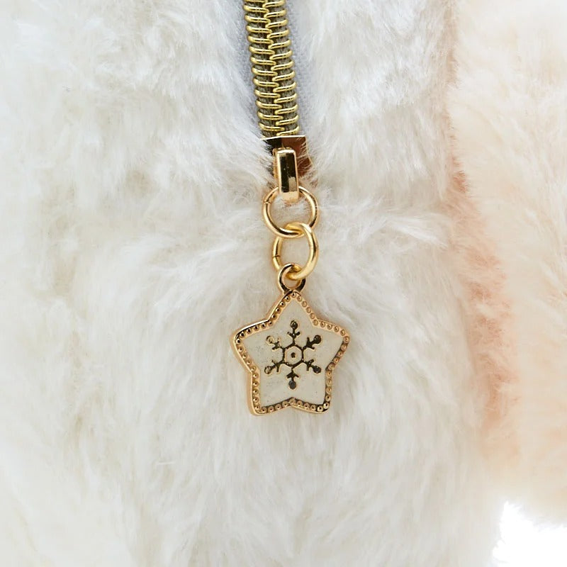 Front view of the star-themed plush pouch with Sanrio character and decorative charms