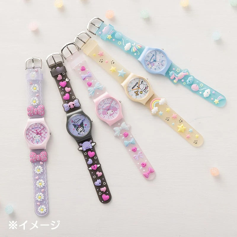 Side angle showing the flexible jelly strap with Sanrio character motifs