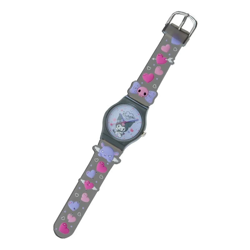 Front view of Kuromi jelly wristwatch with colorful face and kawaii icons