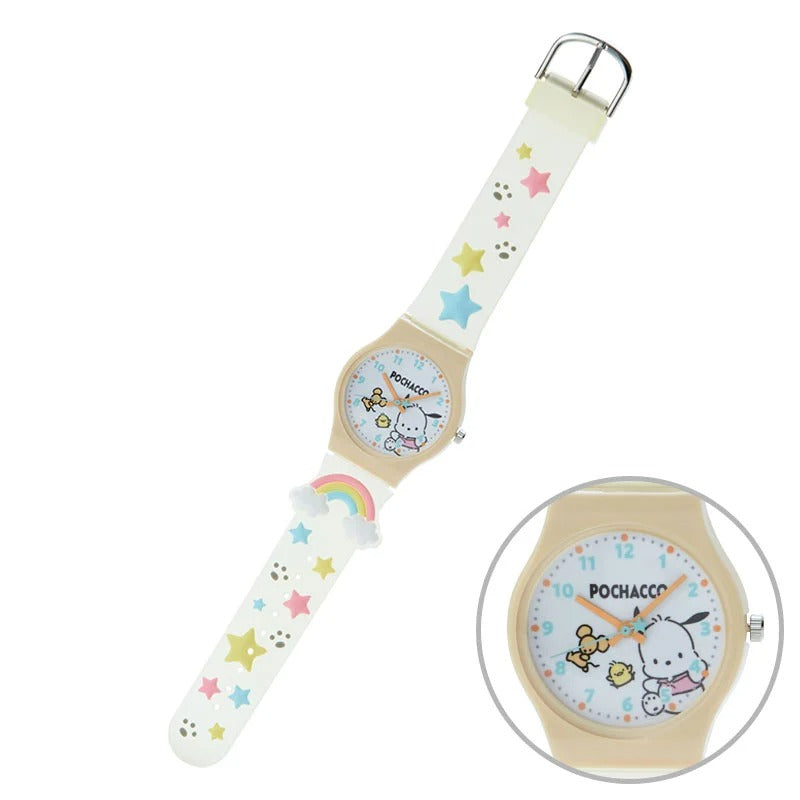 Sanrio watch with a character motif on the back and a vibrant jelly strap