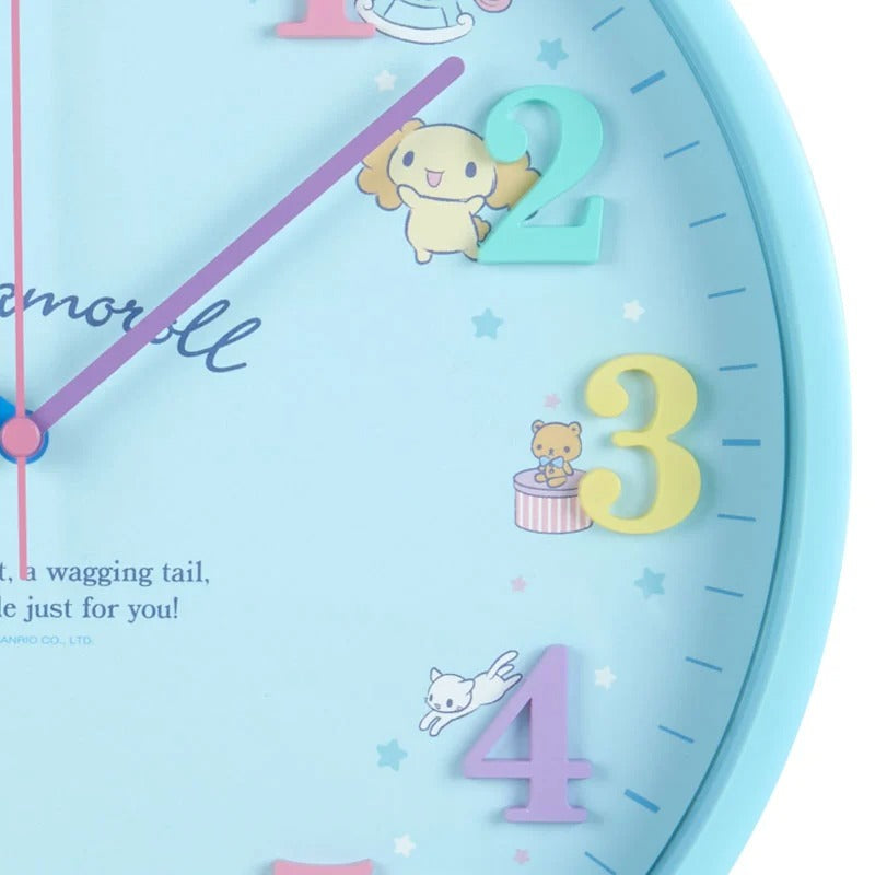 Close-up of Cinnamoroll cute wall clock against a star-themed backdrop.