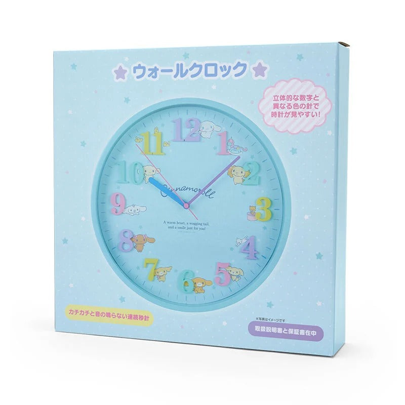 Close-up of Cinnamoroll cute wall clock against a star-themed backdrop.