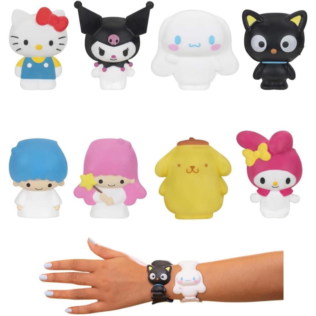 Close-up of FigBands wrapped around water bottle handle featuring sanrio figures