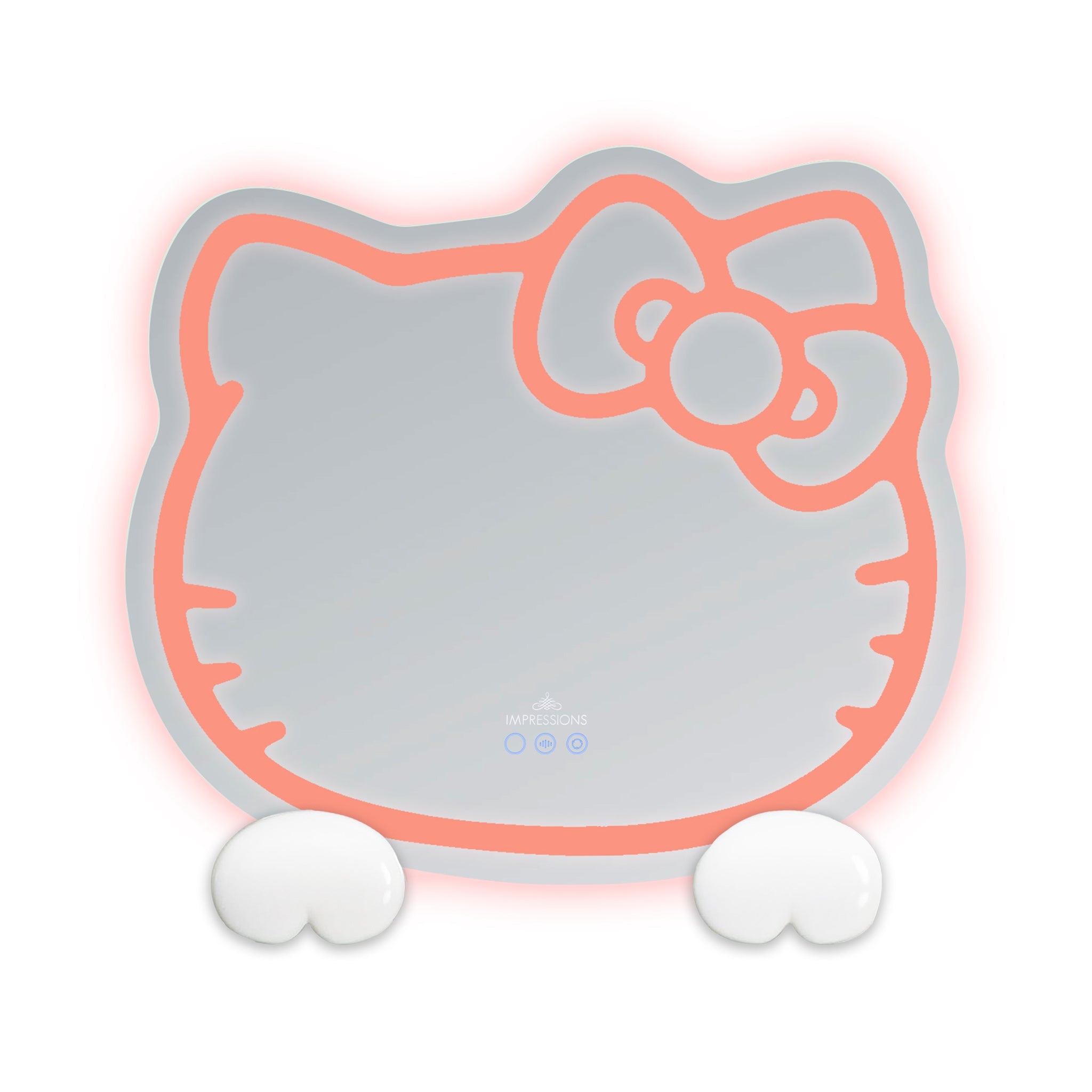 Hello Kitty RGB Wall Mirror 2.0 with Bluetooth speakers on a vanity table