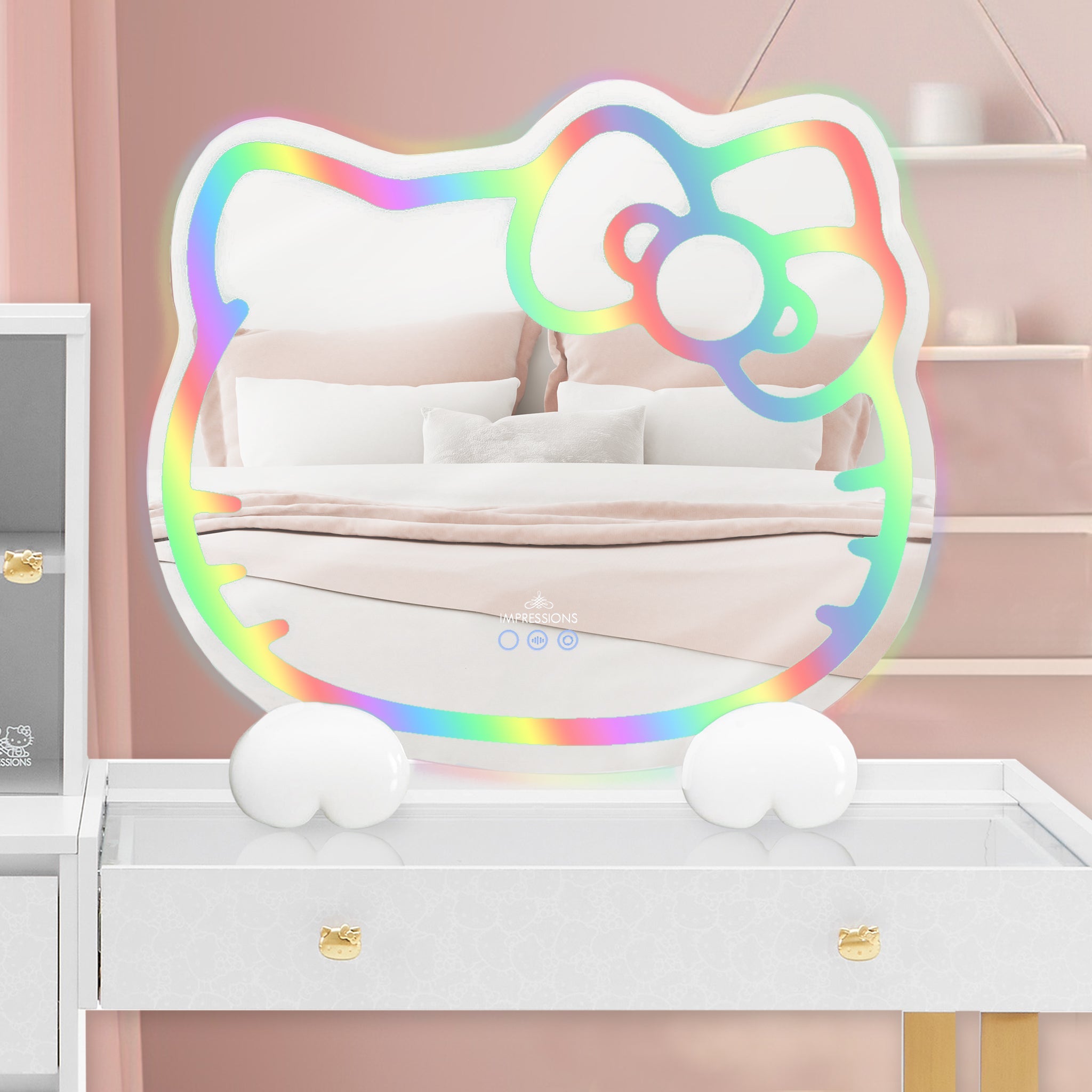 Hello Kitty Impressions Vanity Mirror 2.0 with specialty palm base on a desk