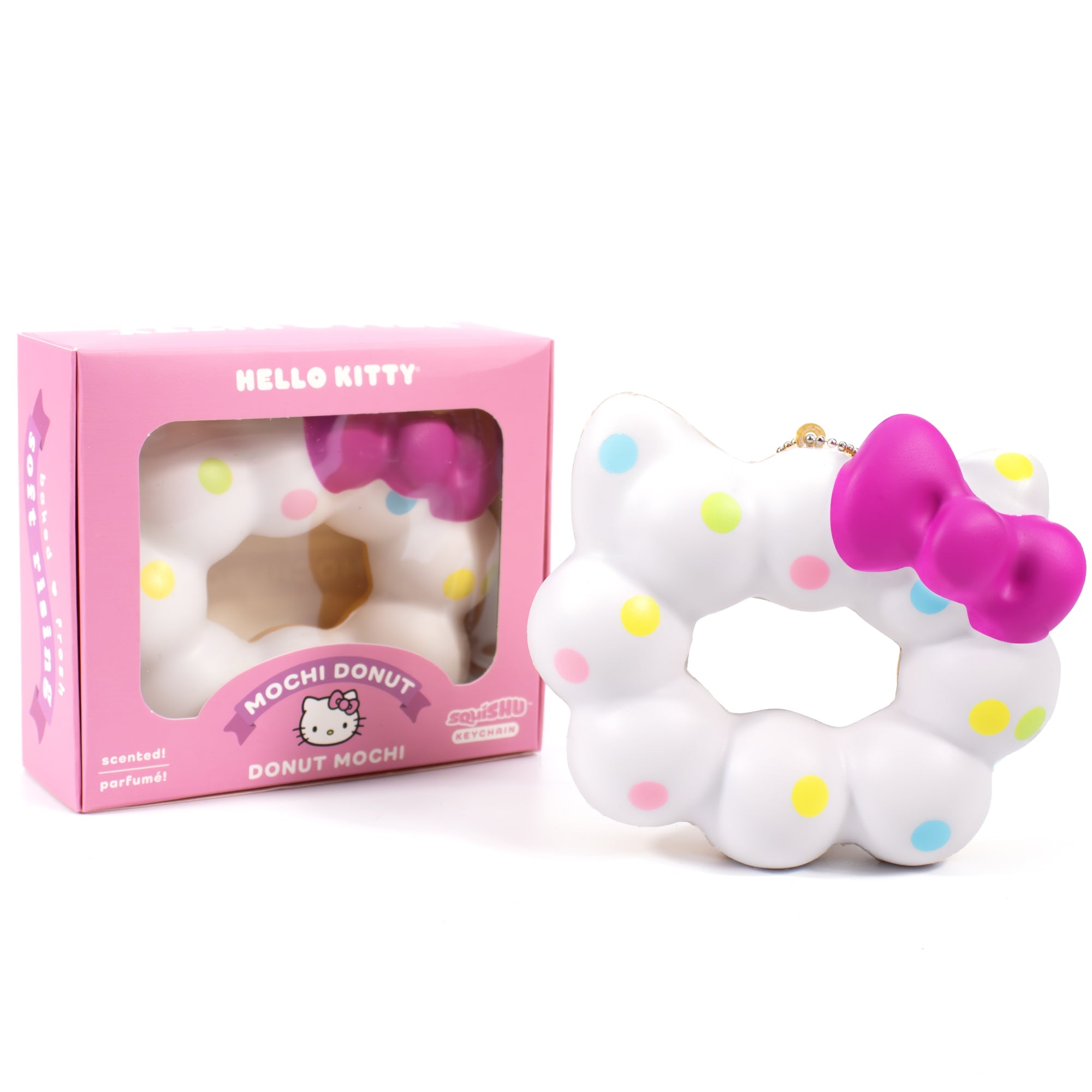 Close-up of Hello Kitty mochi donut squishy keychain, highlighting its detailed design.
