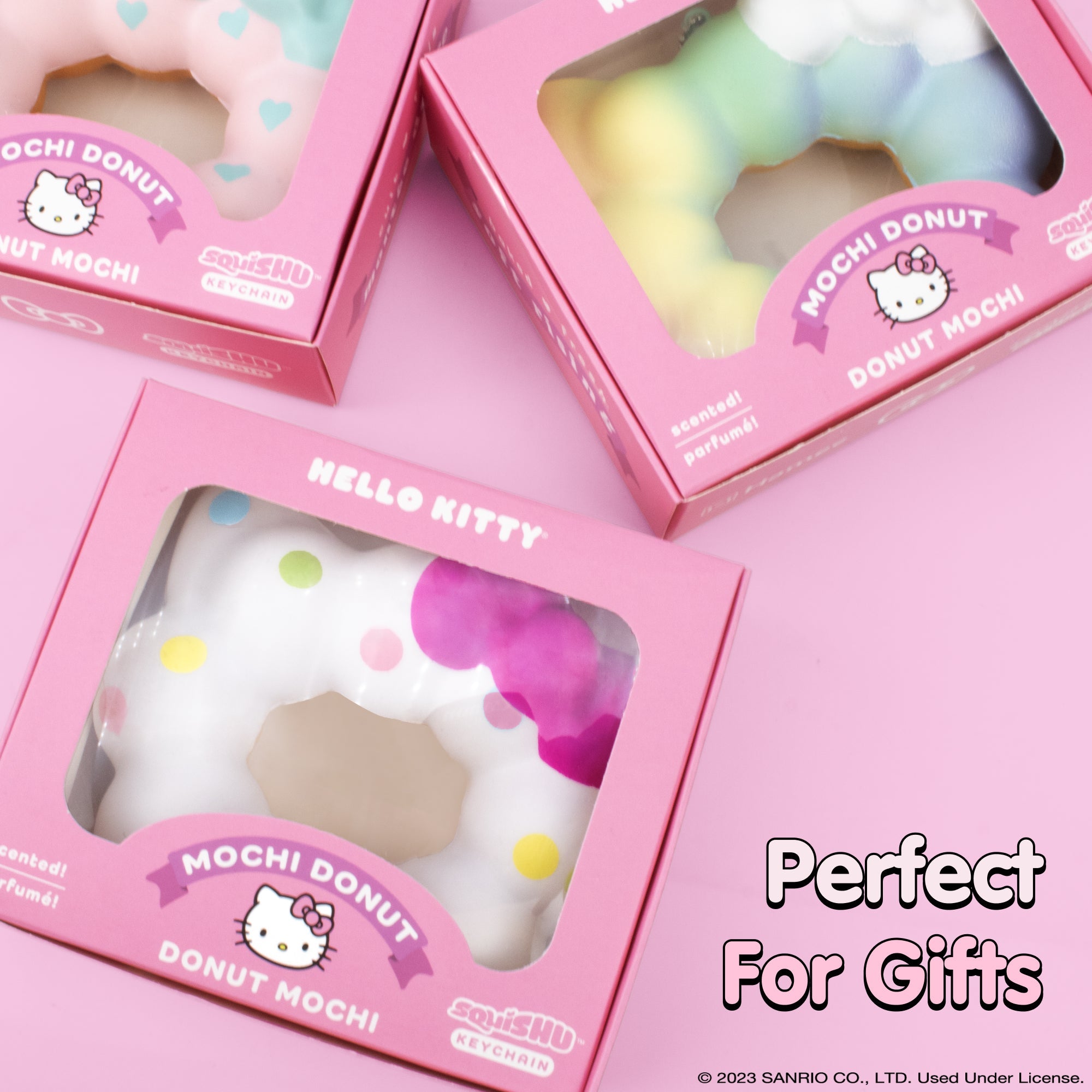 Close-up of Hello Kitty mochi donut squishy keychain, highlighting its detailed design.