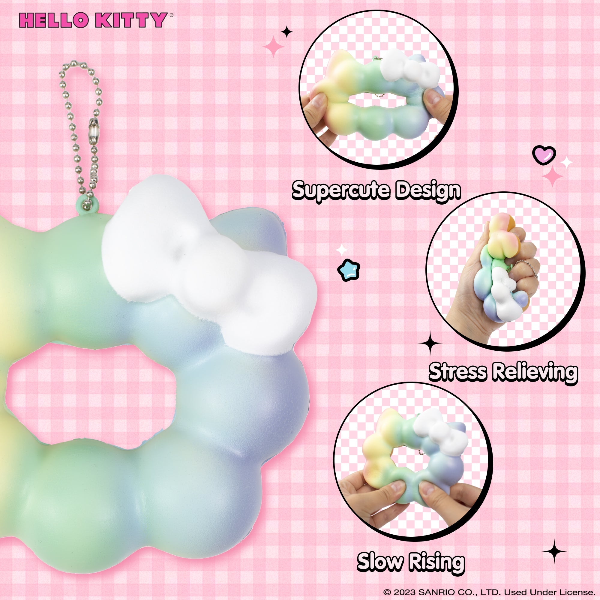 Close-up of Hello Kitty mochi donut squishy keychain, highlighting its detailed design.