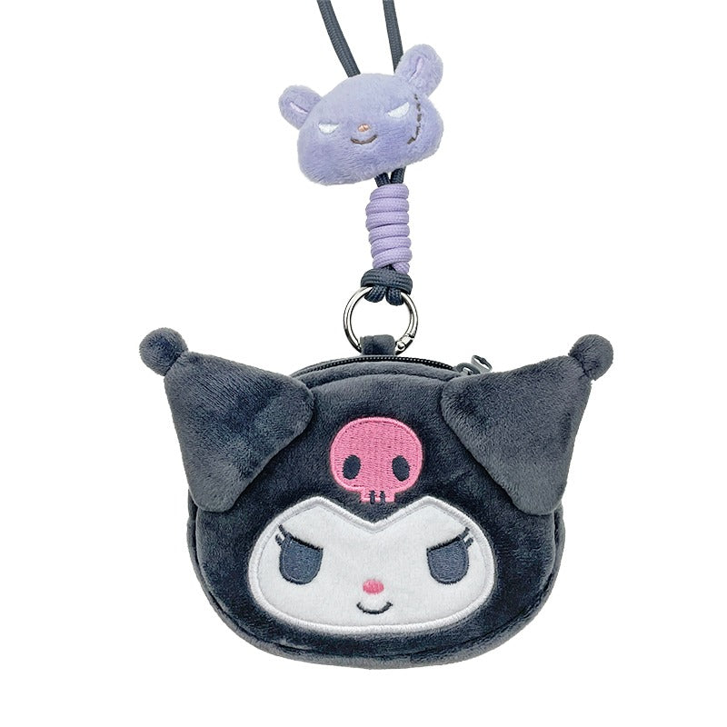 Kuromi 2-way lanyard with sanrio coin pouch hanging on a hook, showing detailed embroidery