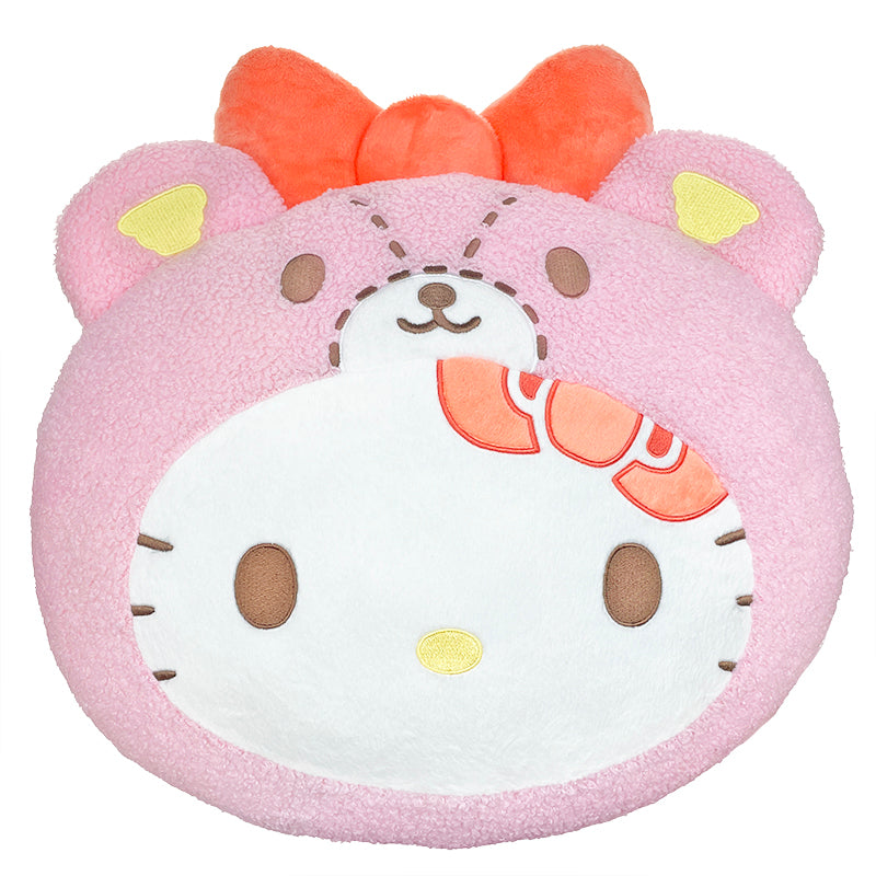 Front angle of big Hello Kitty plush with textured hood and embroidered details.