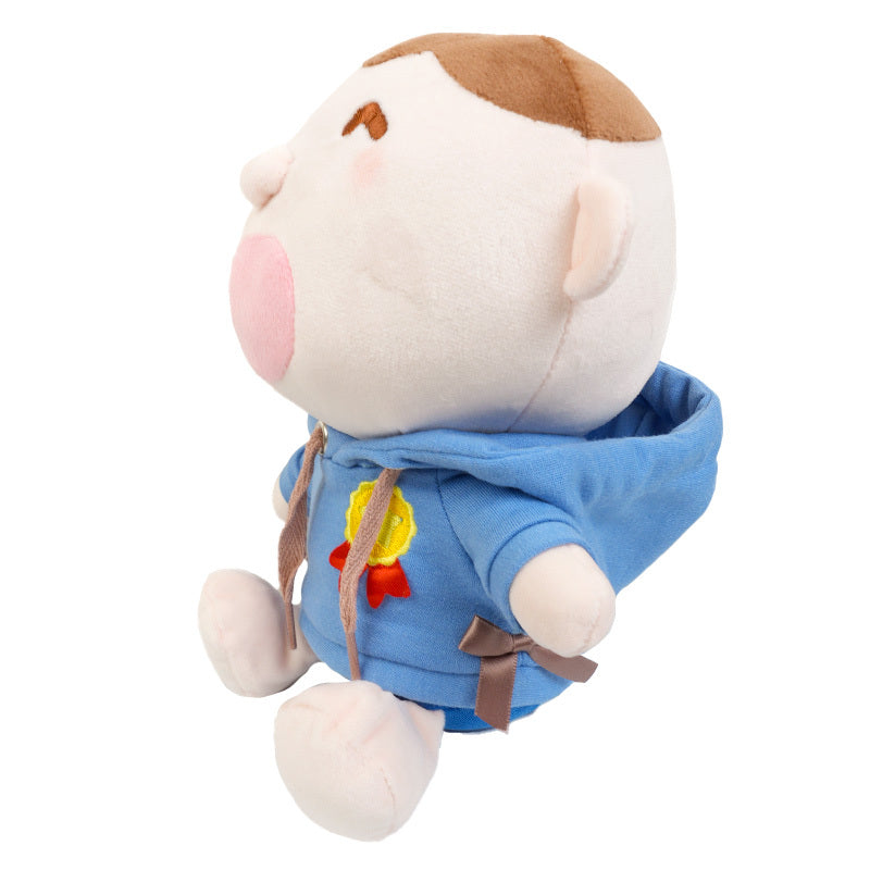 Minna No Tabo Sanrio mocha plush in a cozy hoodie, front view
