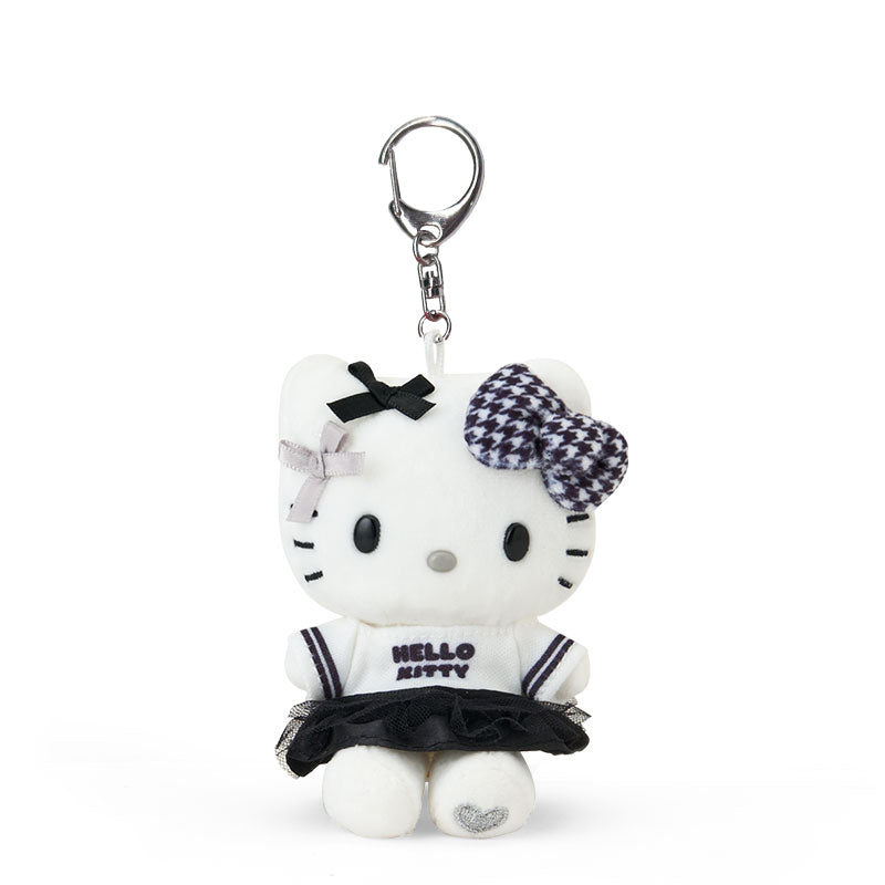 Close-up of the Silver Houndstooth Hello Kitty plush keychain with ruffles.
