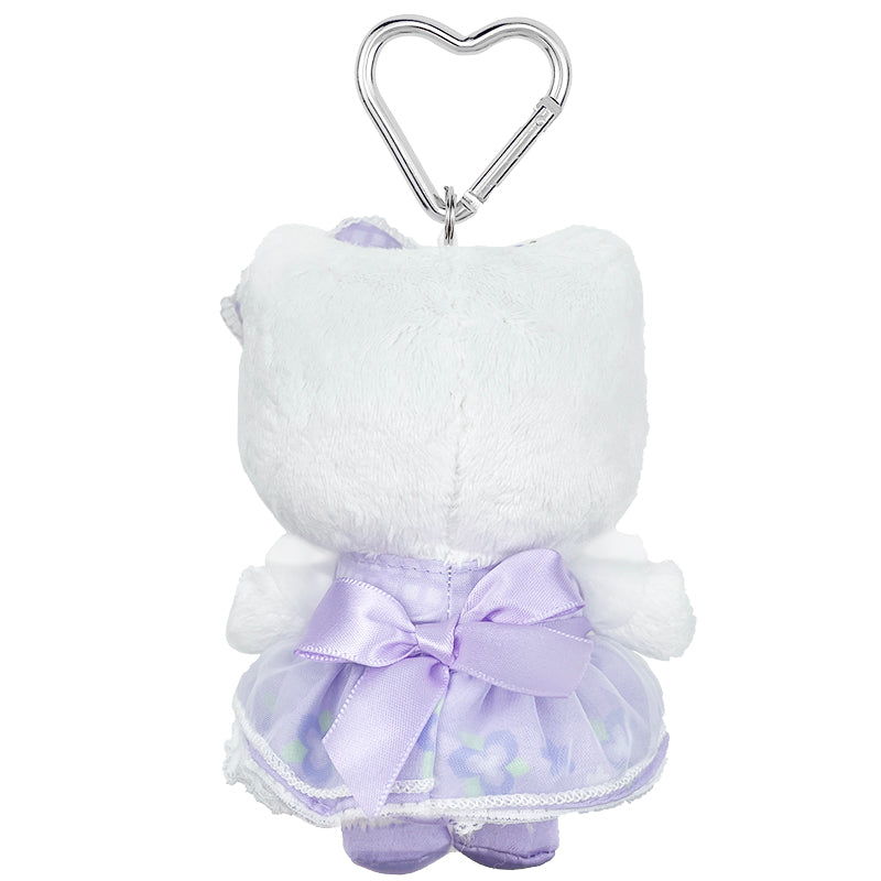 Back view of the Hello Kitty 50th anniversary plush keychain, showcasing intricate embroidery and applique details