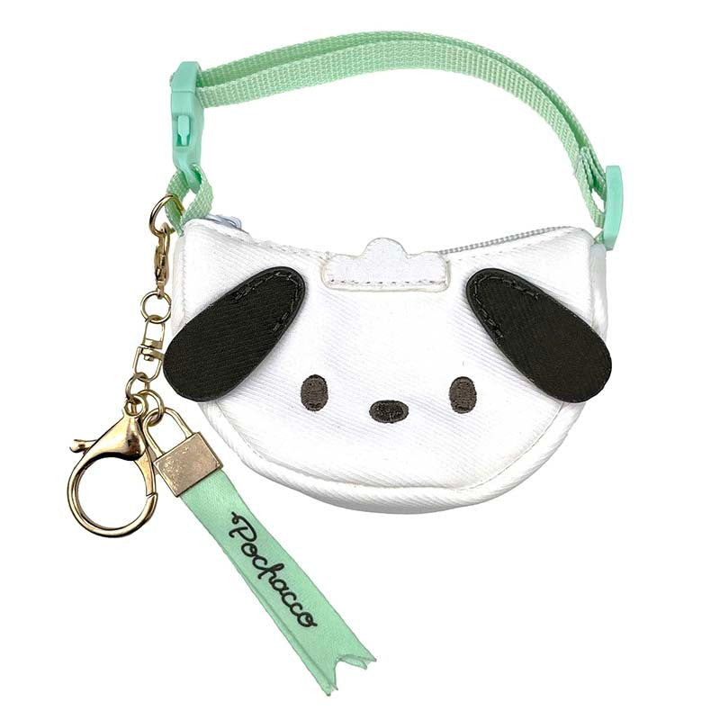 Front view of Pochacco mini bag accessory with clasp and embroidered details