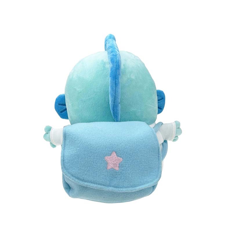 Front angle of the Hangyodon plush showing embroidered eyes and Sayuri backpack charm