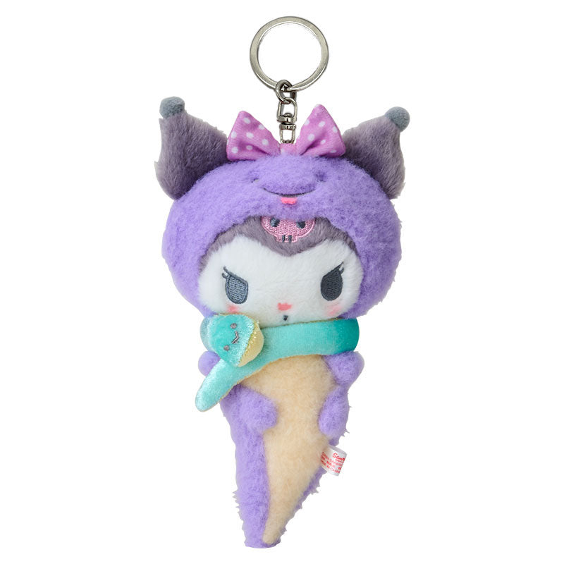 Front view of Kuromi plush keychain with snake tail wrap