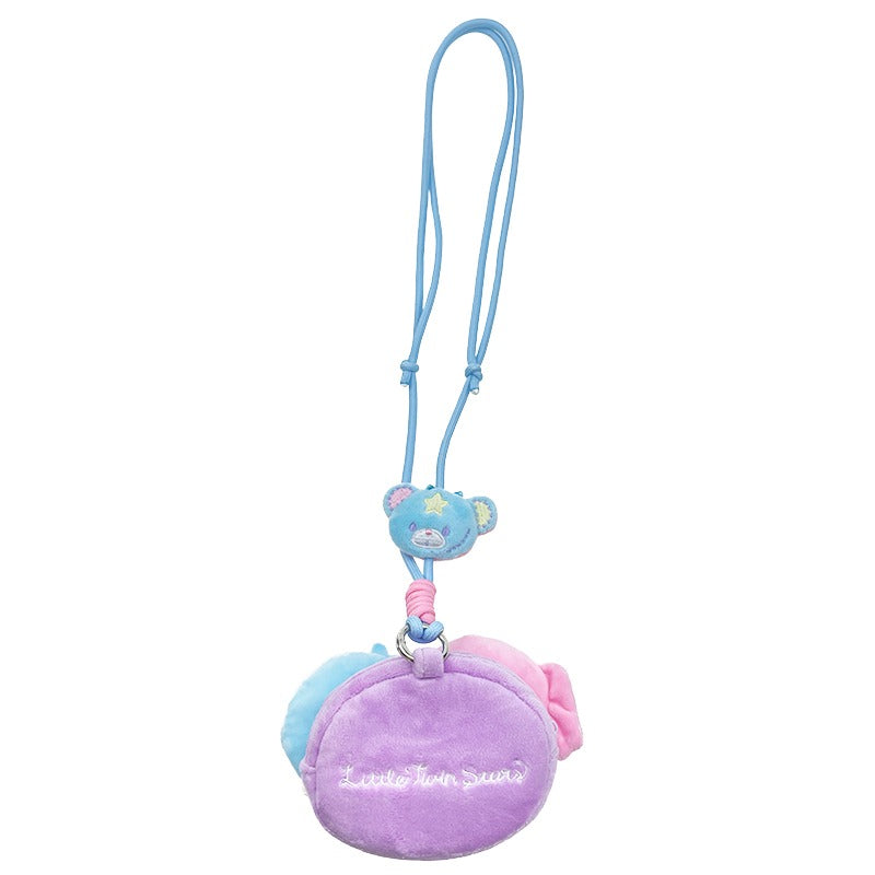 View of Little Twin Stars lanyard pouch with adjustable length and mini zipper pouch.