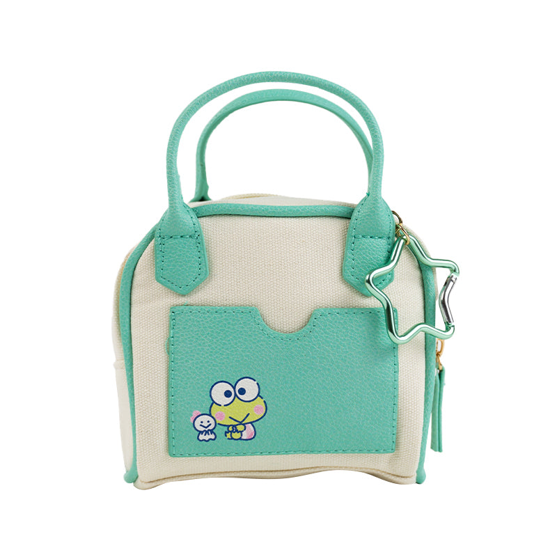 Keroppi Teru Teru mini crossbody bag open, revealing character nameplate and back card slot