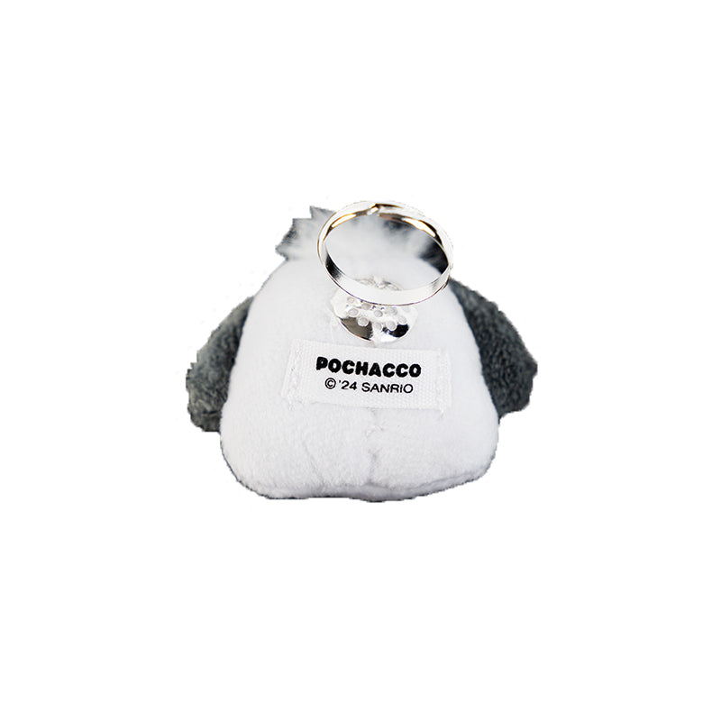 Side view of Pochacco plush ring next to capybara plush toy and bluey plush toy for scale.