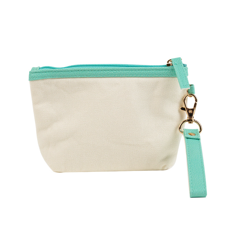 Open view of the mini pouch displaying printed lining and zipper closure