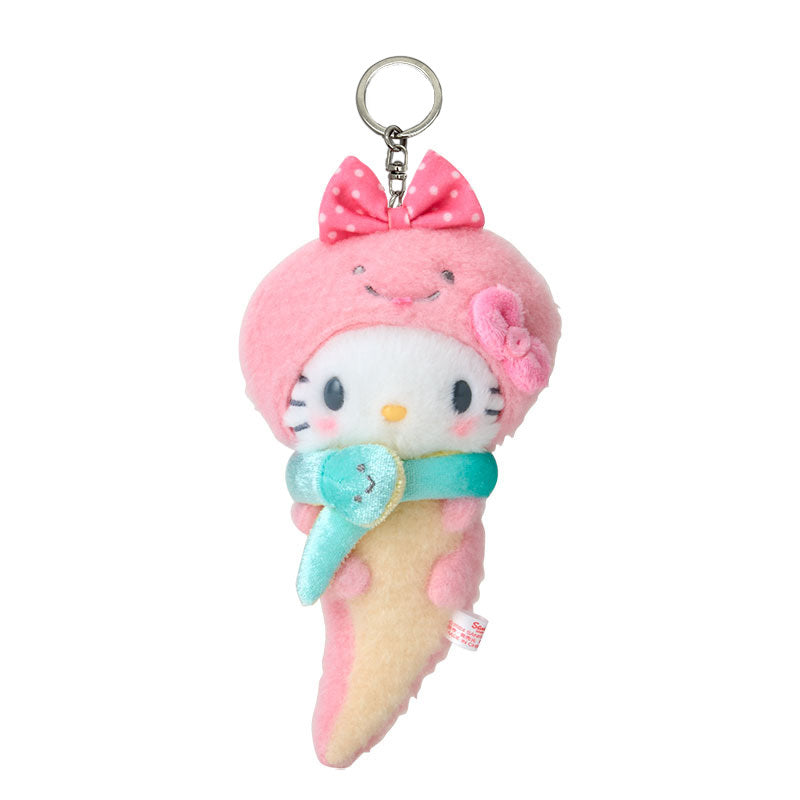 Hello Kitty plush keychain dangling from a bag strap