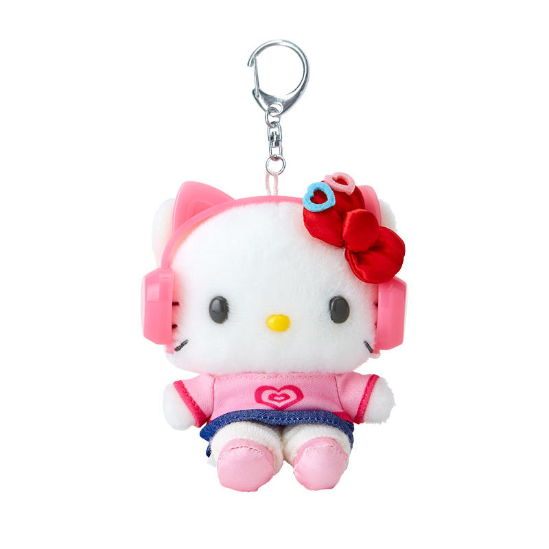 Hello Kitty plush keychain with retro outfit and headphones