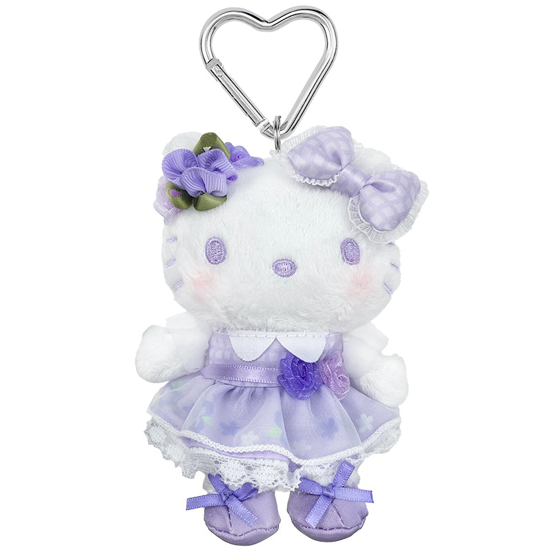Hello Kitty purple plush keychain with floral accents and heart-shaped carabiner, front view