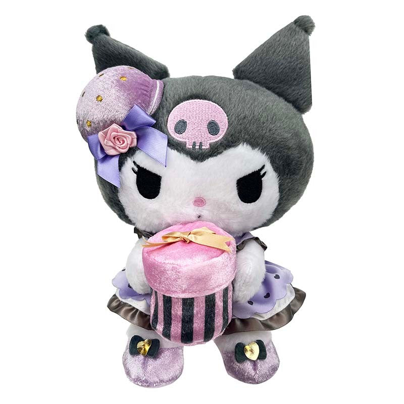 Kuromi plush with removable dress displayed on a pink background