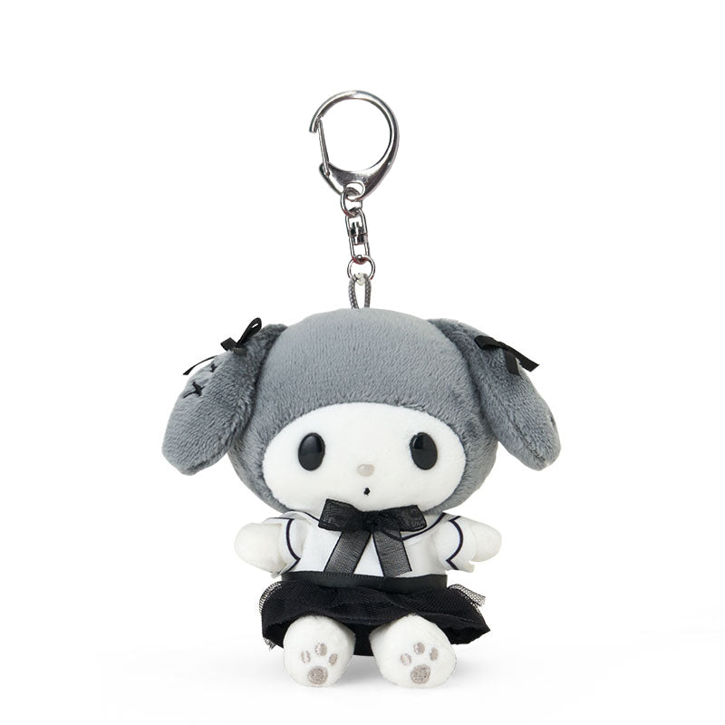 Front view of My Melody keychain plush toy with silver accents