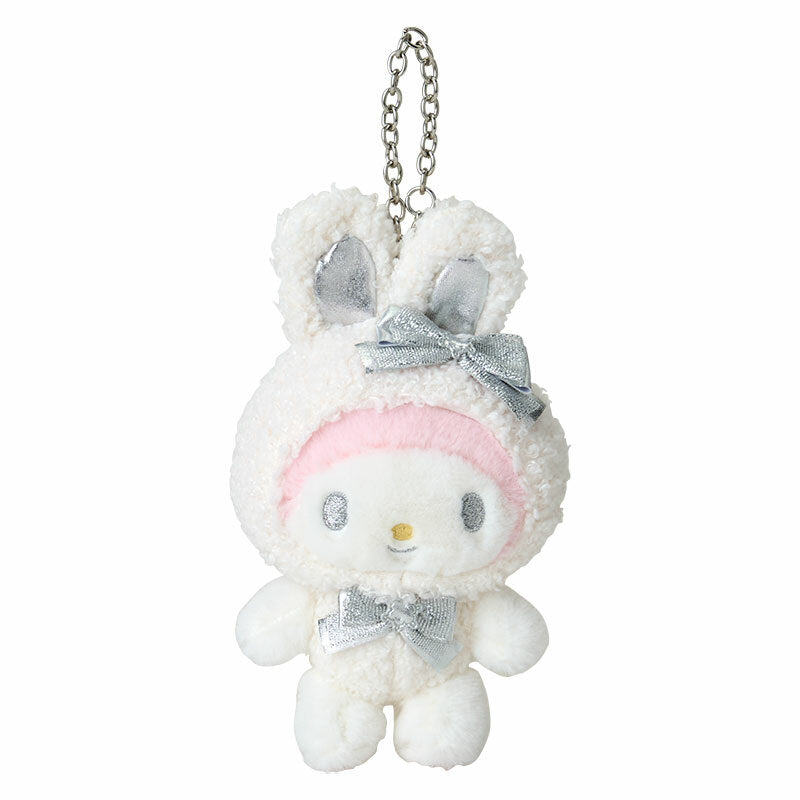 My Melody plush mascot bag charm hanging on a bag with metallic accents