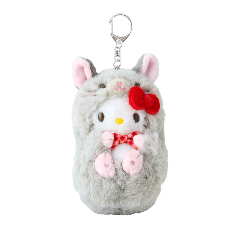 Hello Kitty plush keychain with fauna-themed outfit and gingham bowtie