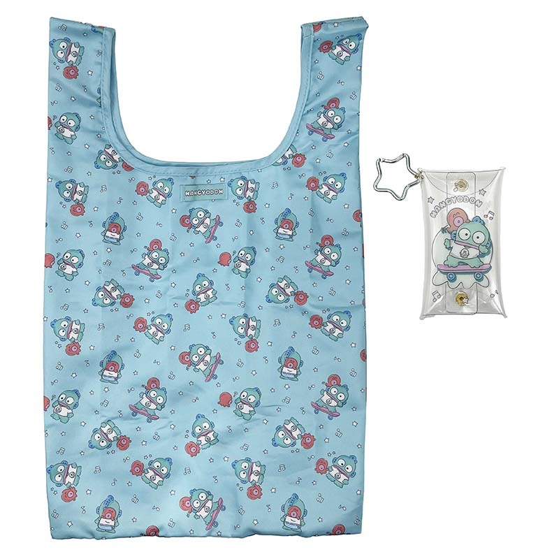 Front view of cute anime tote bag with Hangyodon and Sayuri character art