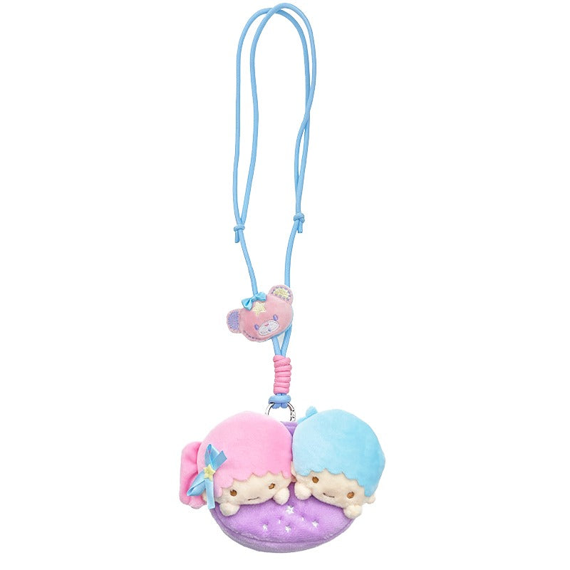 Close-up of Sanrio characters on a lanyard pouch, perfect for carrying essentials.