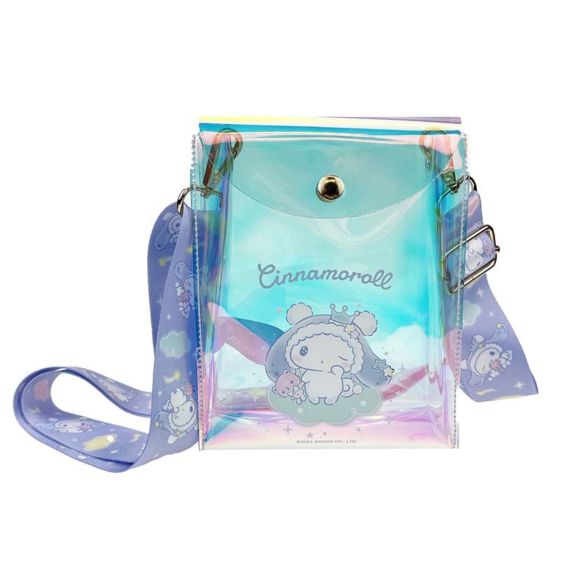 Front view of the Cinnamoroll bag showing iridescent finish and clasp detail