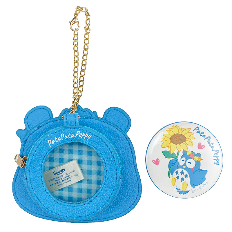 Custom compact mirror with gold chain attachment and embroidered details