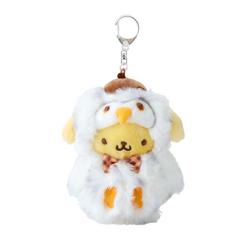 Front view of Pompompurin plush keychain with gingham bow and animal-themed outfit