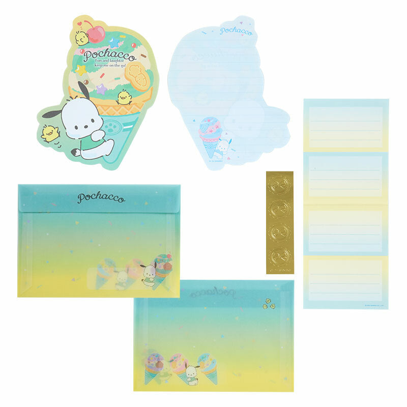 Sanrio stationery set featuring Pochacco and friends enjoying ice cream