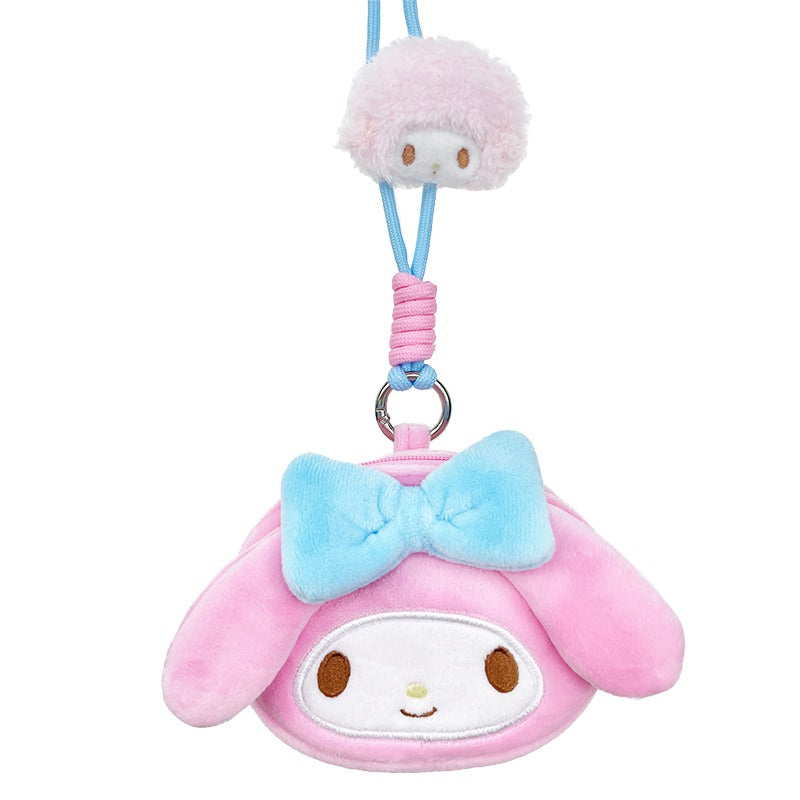 My Melody lanyard wallet displayed with the pouch opened, showing zipper details.