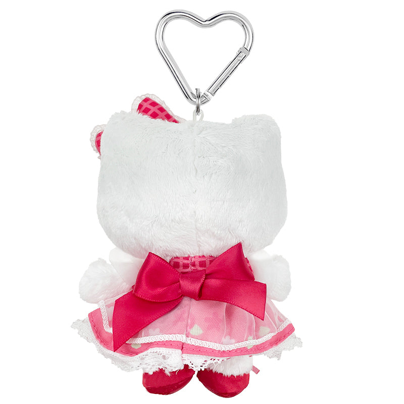 Red Hello Kitty plush keychain with embroidered details and floral accents