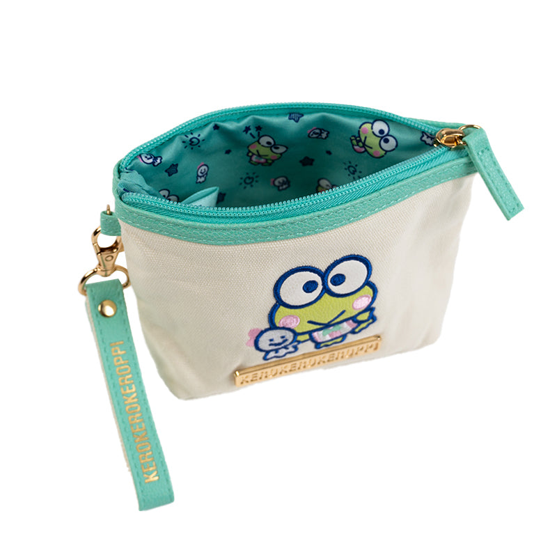 Side view of the small zipper pouch with removable wrist strap