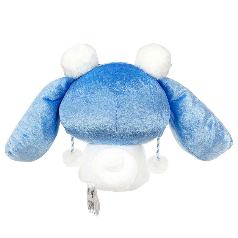 Close-up of the Cinnamoroll plush with a fuzzy nightcap and crown.