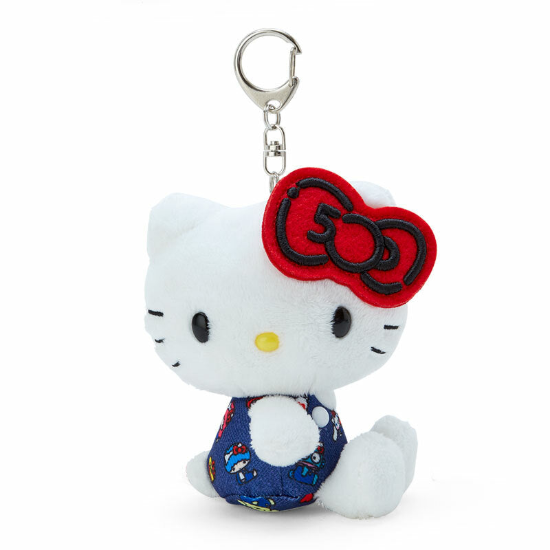 Front view of the Hello Kitty plush keychain showing embroidered 50th bow