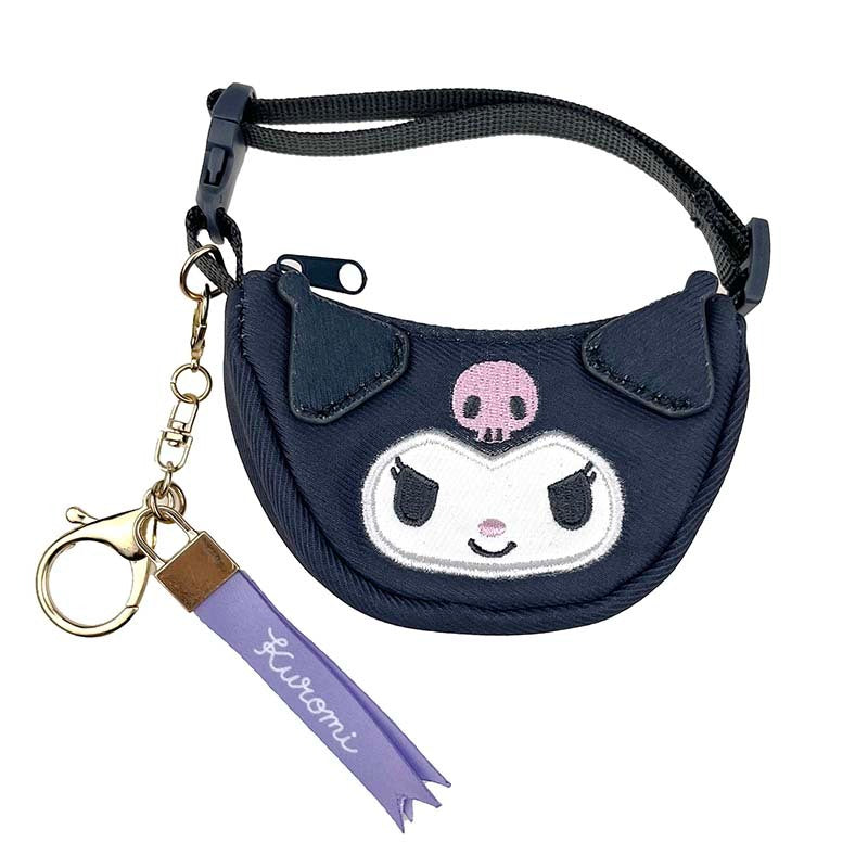 Front angle of Kuromi crescent mini purse handbag clipped to LV mini purse
