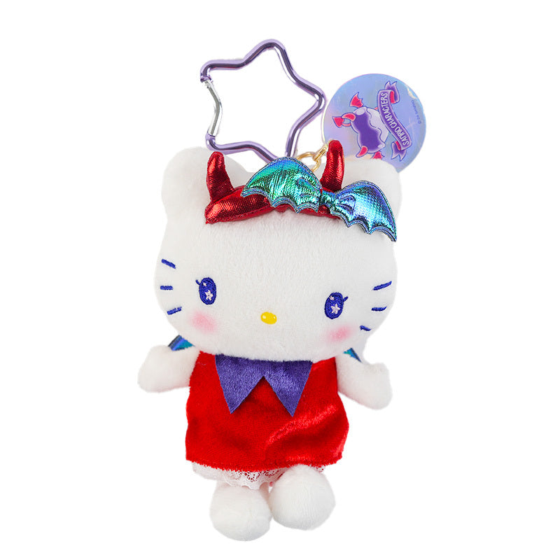 Hello Kitty plush keychain with bright and dark angel design hanging on a bag